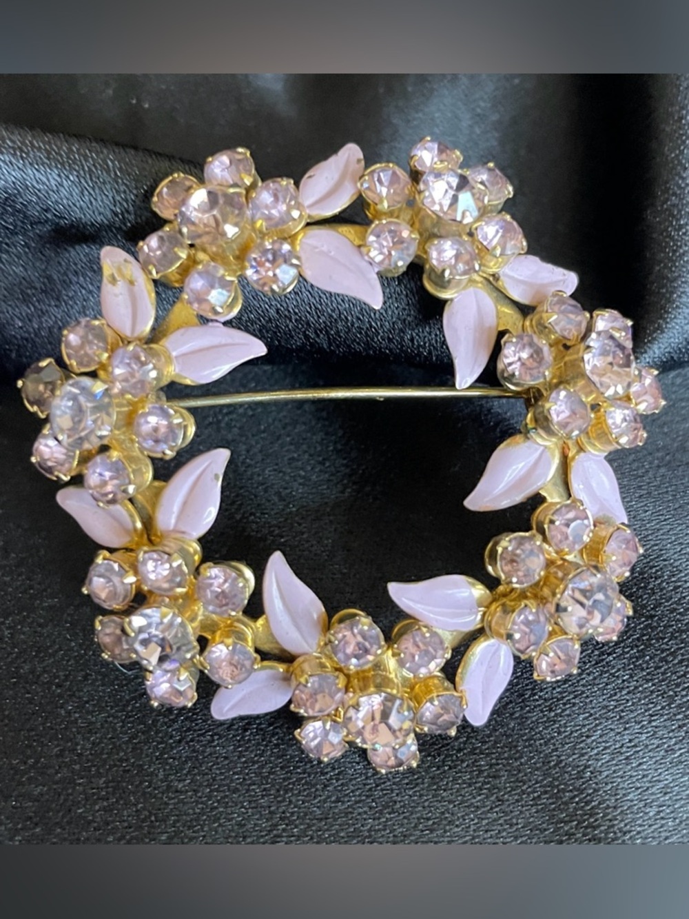 Vintage MCM Pink Floral Rhinestone and Enamel Wreath Brooch
